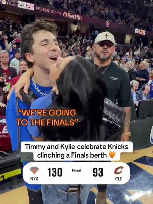 Timothée Chalamet and Kylie Jenner hype after Knicks sweep Cavs 🙌 (via AshNoelleTV/X) #NBA #basketball #knicks #timotheechalamet #kyliejenner 
