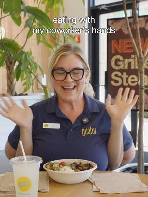 come eat a tahini cucumber feta bowl with us (wait till the end 😂)  #challengetrend #eatwithfriends #whatsyourgusto #proteinbowls #bowlsandwraps 