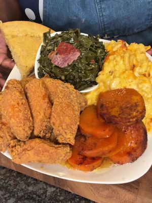 Classic Soul Food Dinner Collards: 3-4lbs collard greens Apple cider vinegar Lawry’s Seasoned salt Collard green seasoning Chicken bouillon Smoked turkey necks Pork, turkey necks  Yellow onion Fresh Garlic  Water Fried Chicken: 2 pound chicken wings Complete seasoning Smoked paprika Adobo seasoning Sazon (1pkt) Black pepper Garlic powder Hot sauce 1 egg (add in just before flouring) Dry batter: All-purpose flour Cornstarch Same dry, seasonings as above (exempt smoked paprika) Mac n cheese: 8oz elbow macaroni  Sharp cheddar cheese ( 60% of the cheese was this) Velveeta cheese Provolone cheese Smoked Gruyère  @Carnation Milks  1/2 stick butter Onion powder Chicken bouillon  *I Typically use AT LEAST  1:2 Ratio for elbow macaroni  to cheese