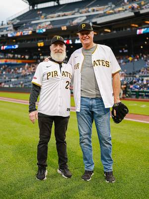 J.K. Simmons and Bill Fagerbakke (Voice of Patrick Star) visit PNC Park for tonight’s First Pitch. #MLB #FirstPitch #pittsburgh #pirates 