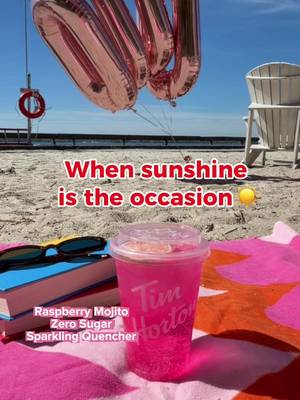 The sun is finally out. This calls for a Raspberry Mojito Zero Sugar Sparkling Quencher and a trip to the nearest beach. #timhortons 