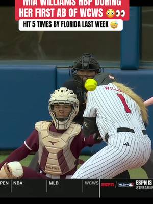 Mia Williams, daughter of NBA great, Jason Williams, was hit on the first pitch she saw of the day vs. Mississippi State 😬 During the Super Regional, she was hit FIVE times by Florida, where she transferred from, and where her dad played college basketball at.  Texas Tech won the game 8-0.  #wcws #softball #texastech #jasonwilliams 