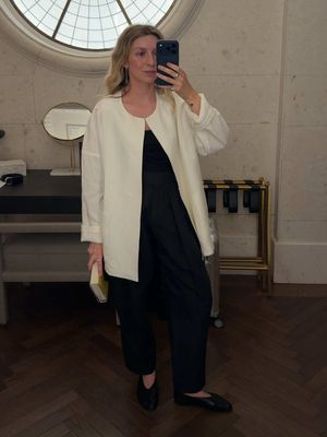 Solo hotel dinner. Wearing some of my favourite The Row pieces - Look 19 from the Summer ’25 collection. 