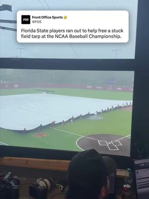 Florida State players helped the grounds crew after the field tarp got stuck in the rain at the NCAA Baseball Championship. (🎥 via brettpn/X)   #baseball #floridastate #ncaabaseball
