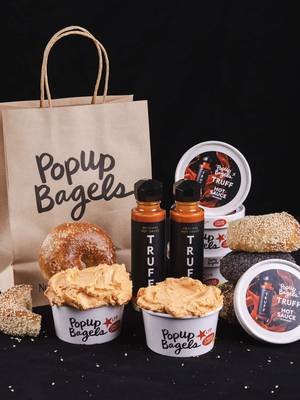 Looking for some hot stuff?  TRUFF HOT @SAUCE SCHMEAR drops this Thursday, 6/4 at all PopUp Bagels locations… preorder now on PopUpBagels.com🔥 📹 @Jack Skelley  #popupbagels #truff #Foodie #bageltok #schmear 