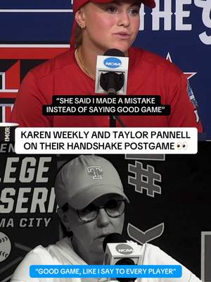 Karen and Taylor had an alleged exchange during the handshake line following Tennessee’s win over Texas Tech 👀 Both parties have differing stories. Weekly called the claims an “outright lie” to Knox News. Pannell previously played for Weekly at Tennessee. (via NCAA Championships/YT) #ncaaw #wcws #volssoftball #texastechsoftball 