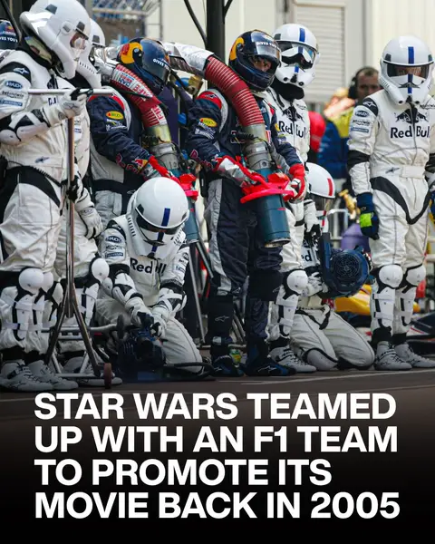 To promote the release of Revenge of the Sith in 2005, Red Bull Racing completely transformed itself for the Monaco Grand Prix. The team's cars featured special Star Wars-themed liveries with characters like Darth Vader, while mechanics traded their usual uniforms for Stormtrooper-inspired outfits in the pit lane. George Lucas also attended the event alongside Darth Vader, Chewbacca, and other characters from the film. The movie premiered on May 19, 2005, and Red Bull rolled out the promotion during Monaco race weekend, creating one of the most memorable movie tie-ins in Formula 1 history.