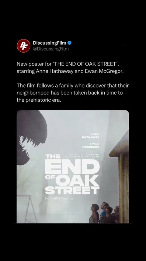 New trailer for The End of Oak Street just dropped, and it might be one of the wildest high-concept family movies of the year. 👀 Starring Anne Hathaway and Ewan McGregor, the film follows a family whose ordinary suburban neighborhood is suddenly transported back to the prehistoric era. What starts as a normal day quickly turns into a fight for survival as modern life collides with a world filled with dinosaurs, ancient landscapes, and dangers that disappeared millions of years ago. The trailer gives off a mix of adventure, mystery, comedy, and disaster movie energy, with massive prehistoric creatures roaming through quiet residential streets. Imagine trying to get through your daily routine only to look outside and see a dinosaur walking past your front yard. 😳 Anne Hathaway and Ewan McGregor lead the cast as parents trying to protect their family while figuring out how and why their entire community has somehow been sent back in time. Along the way, neighbors must work together, adapt to a completely different world, and uncover the truth behind the bizarre phenomenon before it's too late. The concept alone has people talking. Time travel? Dinosaurs? A suburban neighborhood trapped in the prehistoric age? That's the kind of movie premise that immediately grabs attention. The trailer showcases stunning visual effects, massive action sequences, and plenty of moments that balance wonder with suspense. From dinosaur encounters to families attempting to survive without the comforts of modern civilization, the film looks like it could deliver a fun blend of spectacle and heart. Fans are already comparing the premise to classic adventure films while praising the chemistry between Hathaway and McGregor. The combination of a family-centered story and large-scale prehistoric chaos could make this one of the most unique releases of the summer. Whether you're a fan of dinosaur movies, time-travel stories, sci-fi adventures, or just looking for a fun theatrical experience, this is definitely one to keep an eye on. 🦖 A neighborhood stuck in the prehistoric era. 🏡 Modern families forced to survive millions of years in the past. ⏳ A mystery that could change everything. 🎬 Anne Hathaway and Ewan McGregor leading the adventure. The real question is: if your neighborhood suddenly got sent back to the age of dinosaurs, what's the first thing you'd do? 👀 The End of Oak Street hits theaters on August 14 #fyp #CapCut #fypシ゚viral #movies #trending 