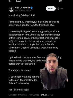 Introducing 30 days of AI. For the next 30 weekdays, I’m going to share one observation per day from the frontlines of AI. I have the privilege of co-running an enterprise AI transformation firm, where I experience the edges of this technology, see the biggest challenges the biggest companies are facing, and have deep relationships with companies on the frontier (Anthropic, OpenAI, Lovable, Cursor, Perplexity, Vercel). I get to live in the future for free, and I want to bring that future to those trying to disrupt themselves before they get disrupted.  There’s just two rules: 1) Each observation is actionable & understandable to the non-technical leader. 2) I can’t miss a day. Post 1 coming soon. #Tech #ai #startup #30daysofai 