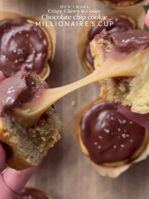 A chocolate chip cookie cup loaded with gooey homemade caramel and finished with a silky chocolate topping. Every bite has the perfect mix of chewy cookie, rich caramel, and smooth chocolate goodness!🤤 —RECIPE LINK IS IN BIO🔗— #cookie #caramel #fyp #explorepage✨ 