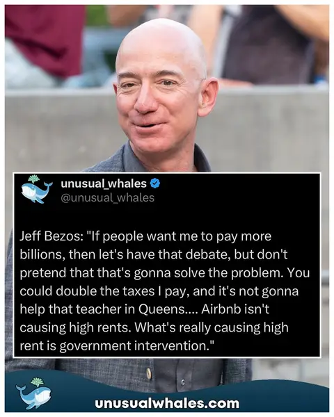 Jeff Bezos: “If people want me to pay more billions, then let’s have that debate, but don’t pretend that that’s gonna solve the problem. You could double the taxes I pay, and it’s not gonna help that teacher in Queens.... Airbnb isn’t causing high rents. What’s really causing high rent is government intervention.” Bernie Sanders: I will soon be introducing a bill to give the public a 50% ownership stake in the largest AI companies in America. Trump: Could have the blockade of Iran lifted by Labor Day Follow @unusual_whales for daily posts about the stock market and crypto📈 NOTE: This post is not financial advice. The stock market is risky, and any trade or investment is expected to have some, or total, loss. Please do research before any trade. Do not use this information for financial decisions. Do not use this, or Unusual Whales’, information for investing. Check terms on site for full terms. APOLOGIES ABOUT THE HASHTAGS⁣⁣⁣⁣⁣⁣:⁣ #stockmarket #housing #epstein #trump #iran