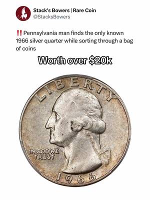 A coin dealer in Pennsylvania was sorting through a bag of old silver quarters last year, hunting for rare varieties, when he flipped a quarter over and saw 1966 on it. The problem is that by 1966 the US Mint had already switched to copper nickel, so a 1966 quarter on a silver planchet should not exist. This rare 1966 silver quarter already has a bid of $20k. #quarter #silvercoin #fyp 