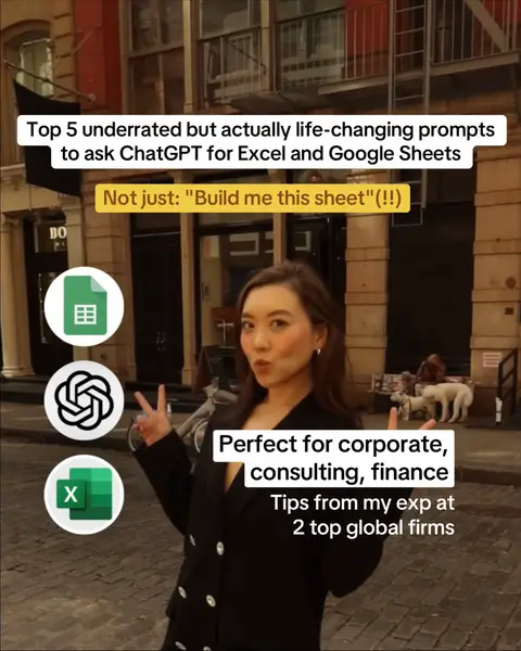 Comment “MODEL” on the *IG POST* for a comprehensive list of 25+ amazing prompts (not typical, but so so helpful) to use for ChatGPT Excel and Google Sheets! Most people miss out on the full potential of @ChatGPT for Excel and Google Sheets You can use ChatGPT as an add-in to *do heavy lifting* - save countless hours and greatly improve performance  Achieve your goals faster 🙂 I’m excited for your glowing reviews and dream promotions!  #ChatGPT_Partner #AITools #CareerAdvice #ProductivityTips #ExcelTips