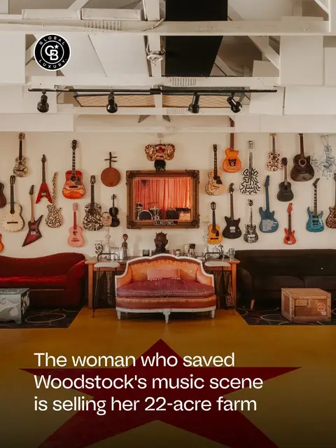 Lizzie Vann has spent years protecting Woodstock, New York's musical history. Now her 22-acre Catskills estate is on the market. The British-born entrepreneur and philanthropist founded the Organix organic baby food brand and earned an MBE for her work in children's nutrition. She moved to the Woodstock area in 2013, drawn by a landscape that reminded her of England's Lake District. A longtime fan of the town's music, she found her second act in rescuing history. In 2019, she bought the Bearsville complex, the legendary music compound that Bob Dylan's manager Albert Grossman built just outside Woodstock. Grossman ran the careers of Dylan, Joplin and The Band, and for decades his 15-acre campus of studios and stages drew artists to the Hudson Valley. By the time Vann stepped in, it had fallen into disrepair and faced demolition. She reopened it and added a cantina, tavern, ice cream parlor and outdoor spaces. Her own home sits in Willow, minutes from Woodstock and Phoenicia. The estate started as a Hudson Valley farm and later ran as the Woodstock Farm Animal Sanctuary. Over the years musicians, entrepreneurs and creative thinkers have called it home. The 22 acre estate sits cradled by Catskills ridge lines and partly bordered by the Little Beaverkill stream. The main residence was built from reclaimed barn beams, with two-story cathedral ceilings, a walnut-and-quartz kitchen anchored by a cast-iron Aga cooker and an imperial staircase rising to a primary suite in its own wing. Two guest houses add four bedrooms and multiple baths. A party barn and a two-story working barn handle gatherings and animals. A heated saline pool sits between them, and a fenced vegetable garden waits just off the kitchen, with open meadows, fruit trees and trails beyond. ▪️ 35 Van Wagner Road, Willow, NY ▪️ Listing by Leslie Foti & Laurie Ylvisaker | Coldwell Banker Village Green Realty