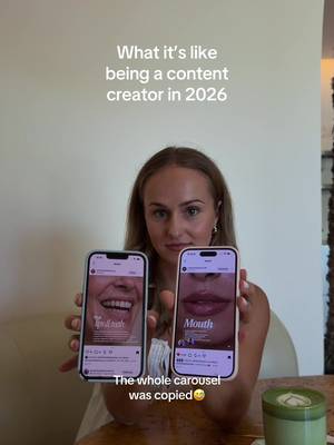 Being a content creator requires thick skin 😂 Because the second something blows up, you WILL see the same content everywhere!!!! And honestly, taking inspiration from other creators is completely normal, I do it all the time!! But there’s a difference between taking inspiration and literally copying someone’s entire script/carousel/video word for word 😭 Like it should never be THAT obvious girlie!!! 😅 So when you take inspiration from another creator, add your spin & make it yours or at least tag the creator where you took the inspiration from!!🫶🏼 **btw this is not my content, it’s content from other creators I found on IG!