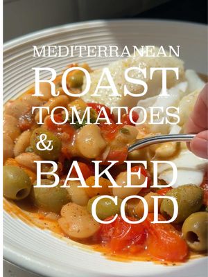 MEDITERRANEAN ROAST TOMATOES & BAKED COD 🍅 RECIPE ⬇️ This is an absolute winner for summer - it’s light, easy, delicious, and super quick to make. It’ll do as a weeknight dinner or for a dinner party. MEDITERRANEAN TOMATOES - Put a load of in season tomatoes in a pan (whatever you can get your hands on - I used a couple of boxes of little heirloom tomatoes), cover in olive oil, a whole garlic bulb sliced in half, lots of salt, pepper, and a tablespoon of chilli flakes - Roast at 200C for around 40 mins, but check at 30 mins. They should be blistered and softened. Remove the cooked garlic - Add a jar of butter beans (and stock from the jar), tablespoon of capers, handful of olives, zest of half a lemon, and a bunch of torn fresh basil. Squeeze in the cooked garlic - Mix and warm through on the hob for about 5 mins COD - Cover a high quality cod fillet in olive oil and salt, and bake at 200C for 8-10 mins. Rest for 5 mins. It should be glossy and just cooked SERVING - Serve in a big bowl, place the cod on top, and coat in olive oil, salt, basil, and serve with a lemon wedge #Recipe #healthy #mediterranean #fish #tomatoes