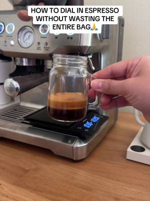 HOW TO DIAL IN ESPRESSO WITHOUT WASTING THE ENTIRE BAG🙏 I see so many people chasing the “perfect” espresso shot by randomly changing grind settings, adjusting shot times, and pulling shot after shot with no real plan. Or worse, tasting the espresso black to see if it’s a good shot🙃🥹👀 Instead, I want to teach you what to look for so you don’t waste your beans, your time, or your money. When I’m dialing in a new bag of beans, I’m looking for four things: ☕️ A 1:2 ratio (18g coffee in, 36g espresso out) ⏱️ An extraction time around 25–30 seconds ✨ A steady espresso flow 🤎 A nice layer of crema The biggest mistake I see beginners make is focusing only on the timer. Instead, place a scale under your cup and pay attention to your yield. The weight of the espresso coming out is one of the most important pieces of the puzzle. AND USING THAT PROGRAM BUTTON 👏👏👏👏👏👏👏👏 And most importantly? Use fresh coffee!!!! Freshly roasted beans are significantly easier to dial in and will help you achieve better crema, flavor, and consistency. Save this for the next time you open a new bag of beans! ☕️ Follow to learn how to improve your at home coffee and comment any espresso related questions!👇🏽 #breville #brevillebaristaexpress #homebarista #dialin