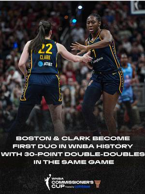 THE FIRST DUO TO DO IT 🤯 Caitlin Clark (32 PTS, 10 AST, 7 REB) and Aliyah Boston (34 PTS, 12 REB, 3 AST, 2 BLK) became the first teammates in WNBA history to each record a 30-point double-double in the same game in tonight’s win vs. the Sky! #WNBASeason30 | 2026 WNBA Commissioner's Cup presented @Coinbase  #WNBA #indianafever #aliyahboston #caitlinclark 