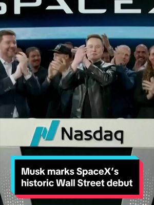 Elon Musk on Friday marked the opening of trading on Nasdaq, where SpaceX's shares will be listed, by joining a ceremonial bell ringing from Texas. #spacex #markets #stock 