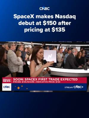 SpaceX opened Friday at $150 per share, officially marking an approximately 11% gain over its $135 IPO price. Find the latest at the #linkinbio or the link on screen. #CNBC #SpaceX #IPO #ElonMusk