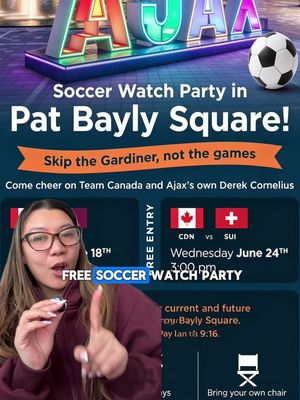 Durham, there's a FREE soccer watch party in Ajax, presented by @medallion_corp Skip the Gardiner, not the games! Catch Canada's matches, enjoy entertainment, food vendors, and game-day vibes at Pat Bayly Square and Ajax Fairgrounds. 🇨🇦🔥 Bring your chair and arrive early, first come, first served! #freesoccerwatchparty #fifawatchparty #ajaxontario #durhamregionevents 