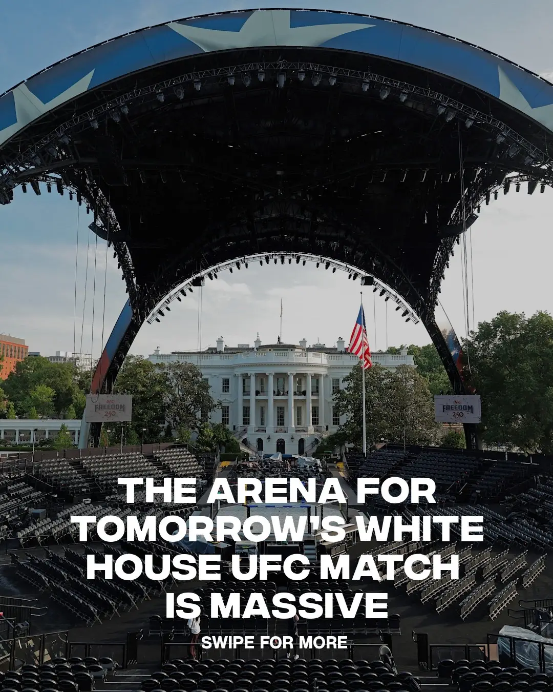 The massive arena built for tomorrow’s UFC event on June 14 at the White House has been unveiled. UFC Freedom 250 will be the first major professional sporting event ever held on White House grounds and coincides with President Donald Trump’s 80th birthday and Flag Day. ㅤ The event is expected to host thousands of fans and is scheduled to be headlined by a lightweight title bout between Ilia Topuria and Justin Gaethje. In the days leading up to the event, a group of local residents and advocacy organizations filed a lawsuit seeking to stop it, arguing that hosting a large-scale UFC card on White House grounds would create security, logistical, and public resource concerns. A federal judge ultimately denied the request, allowing the event to move forward as planned. ㅤ (📸: Getty)