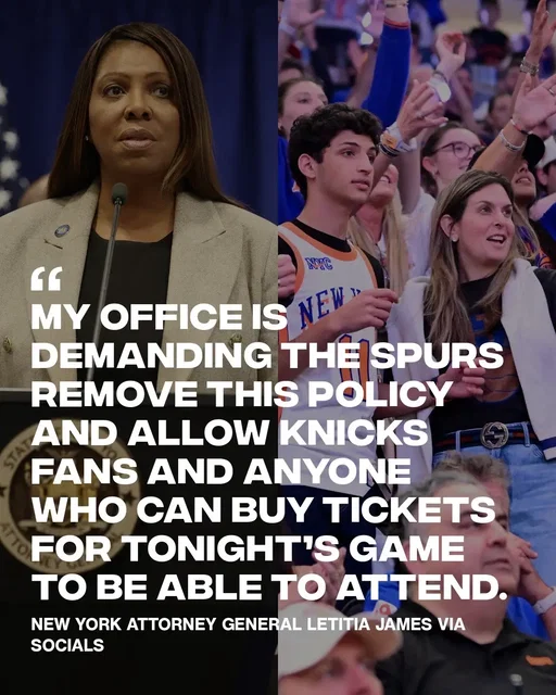 New York Attorney General Letitia James took to X/Twitter to publicly call out the Spurs to reverse their ticket policy ahead of tonight’s NBA Finals game, arguing that Knicks fans and anyone willing to purchase a ticket should be allowed to attend. ㅤ (📸: Getty)