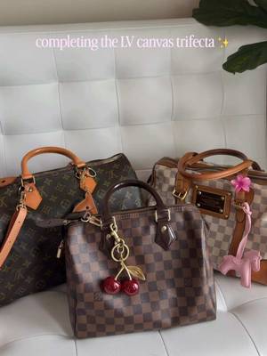 Adding a vintage Berkeley to my collection to complete the @Louis Vuitton classic canvas trifecta ✨ I wanted a fun summer bag, and this vintage LV Berkeley checks all the boxes. It’s roomy like a Speedy, but has adjustable straps so you can wear it on your shoulder too! I’ve been charm obsessed so I added all the pink accessories 🎀 Now my collection includes all three classic LV canvases: Monogram, Damier Ebene, and Damier Azur. Which print is your favourite? #LouisVuitton #VintageLouisVuitton #DamierAzur #LuxuryBagLover #handbagcollection 