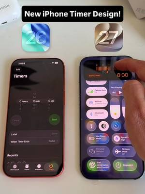 Maybe one of my favorite new design changes in iOS 27! Which one do you prefer? The iOS 26 or iOS 27 Timer design? iOs 27 is still in Developer Beta! It will be publicly available later this year! #ios27 #iphonetimer #appletimer #ios27features #appledsigntips 