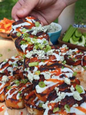 Buffalo Chicken Tortilla Skewers Recipe: -Soak wooden skewers in water so they don’t burn.  -Mix ground chicken with pepper jack cheese, chicken rub, and hot sauce. -Press 1.5 cups of the chicken mixture onto large tortillas.  -Roll them up, cut into pinwheels, then skewer them.  -Grill over medium high heat, flipping and brushing with buffalo sauce often until hitting an internal temp of 165F. -Drizzle with ranch, more buffalo sauce, and blue cheese crumbles.