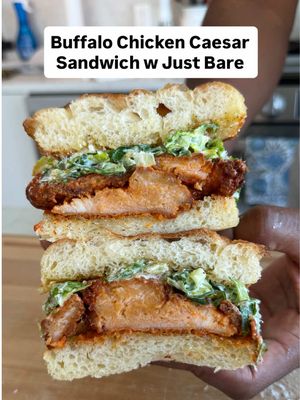 #JustBarePartner Buffalo Chicken Caesar on Garlic Butter Focaccia might actually be the sandwich of the summer. Using @Just Bare® Lightly Breaded Chicken Fillets because they are fire and make effortless delicious meals at home without the guilt of getting fast food! Recipe Details below give it a try and let me know what you think!  #Chickencaesar #Recipe #NYCfood 