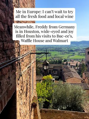 Europeans say the America has no culture but tell that to Freddy from Germany. He’s over here enthusiastically enjoying the A/C, portion sizes and small talk 🇺🇸 #freddyfromgermany #ᴡᴏʀʟᴅᴄᴜᴘ2026 #buceestexas #wafflhouse #usaroadtrip