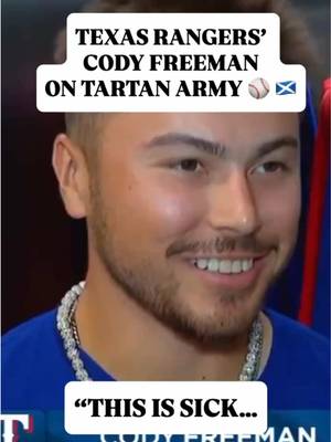 Awestruck Texas Rangers player Cody Freeman talks about playing in front of Scotland fans, who packed out Fenway Park when the Rangers visited the Boston Red Sox 🏴󠁧󠁢󠁳󠁣󠁴󠁿 World Cup permeating American sports. American sports permeating World Cup. How long until the Premier League will have a Pop-Tarts Bowl? 😉 📹: IG/@rangerssportsnetwork #Scotland #tartanarmy #codyfreeman #texasrangers #fifaworldcup 