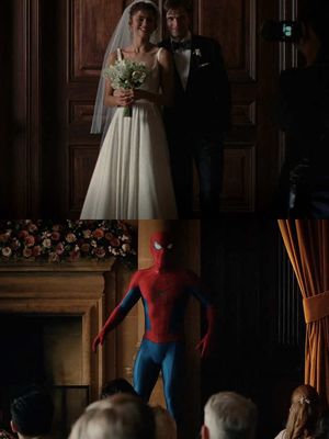 Spider-Man crashes ‘The Drama.’ Fans online were quick to playfully point out a visual similarity when the wedding-crash shot appeared in the latest trailer for ‘Spider-Man: Brand New Day.’ Coincidentally enough, Zendaya was reportedly filming both projects simultaneously, so perhaps a little visual parallel crossed over between the two films.