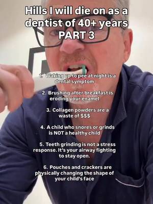 👋 If your dentist doesn’t talk to you about this stuff, message me the word“NEWSLETTER” and I’ll send you all the same advice only my patients used to get, free to your email inbox. By the way…let’s talk about that last one. The jaw develops in direct response to mechanical load. Chewing dense, fibrous foods is how the bone gets the signal to grow wide. A wide jaw means a wide airway. When kids eat a diet of soft, processed food from infancy, the jaw never gets that signal. The airway stays narrow. Then we call it “behavioral issues” and “delayed bedwetting.” Message me the word “AIRWAY” if you want to understand what that actually means for your child. -Dr. B