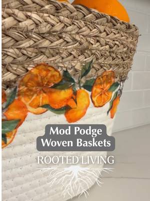 DIY Mod Podge Oranges Woven Rope Baskets — Who says decoupage is only for flat surfaces? These thrifted woven baskets from Goodwill got a whole new look with nothing more than paper napkins and Mod Podge. The design blends right into the fabric and looks like it was stitched in from the start!  Such a fun way to customize baskets for home decor, gift baskets, toy storage, or even your pup’s toy bin. A little creativity can completely transform an everyday thrifted find.  #fyp #oranges #Home #handmade #decor