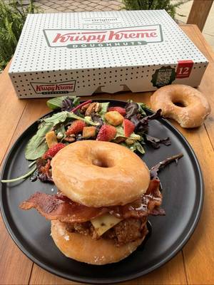 #KrispyKremePartner I tried the viral crispy Krispy Kreme challenge and it inspired me to take things to the next level with these Sweet and Spicy Chicken Sandwiches, fried to crispy perfection on @Krispy Kreme Original Glazed Doughnuts! There are endless ways to level up your Krispy Kreme doughnuts this summer. Show us your most creative doughnut creations by posting on social and tagging @krispykreme for a chance to be featured on Krispy Kreme’s social channels!   INGREDIENTS  Krispy Kreme Doughnuts  2 lbs chicken  Pepper Jack cheese Bacon Hot honey  WET MIXTURE 3 cups milk 1/2 cup pickle juice  2 tbsp hot sauce  2 tsp salt 1 tsp pepper  DRY MIXTURE 3 cups flour  1 1/2 cups cornstarch 1 tbsp baking powder  1 tbsp seasoning salt 1 tbsp each smoked paprika, garlic powder, onion powder  2 tsp black pepper  1 tsp cayenne pepper  INSTRUCTIONS Slice the chicken breasts in half lengthwise to make them thinner. Mix together the wet ingredients in one large container and the dry ingredients in a second large container.  Add the chicken to the wet mixture and let sit for at least 1 hour.  After an hour, bread the chicken. Pour 1/2 cup of the wet mixture into the dry mixture. Stir with a fork to make some lumps in the dry mixture.  The chicken will go from the wet mixture, to the dry mixture, back into the wet mixture, and into the dry mixture one last time. Be sure to press the “crumbs” into the chicken and set aside.  Fry the chicken in a deep fryer at 400 degrees F for about 6 minutes or until your chicken reaches an internal temperature of 165 degrees F.  Build the fried chicken sandwiches between Krispy Kreme Doughnuts and top them with pepper jack cheese, crispy bacon, and some hot honey! Enjoy!  #summerrecipes #friedchicken #doughnuts 