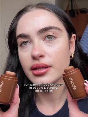comparing the new rhode pocket bronzers in pebble and sunbed on pale skin🤎 do u think these are too orange? let me know your thoughts in the comments✨🤔 #palegirlmakeup #rhode #rhodeskin #bronzer #paleskin 