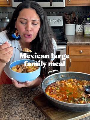 Easy guisado  I have 5 kids and I always cook in bulk, I cook three times a week. I make enough for two days.  Guisados are like “stews” and when it comes to Mexican food, you can add anything! Today I had jalapeños, onions and potatoes for my veggies, my sauce is tomato based and you can add chipotle but for this one I didn’t and you need meat. Fatty meat.  For meat:  - cooking oil  - salt  - pepper  - chuck (something with fat)  - minced garlic  Sauce:  - tomatoes  - onion - whole cumin  - salt  - garlic  - dry bay leaves  - water  Veggies:  Anything.  If you want more of these large family Mexican meals let me know below!!!  #largefamilymeals #mexicanfood #mexicanculture #mexicanrecipes 