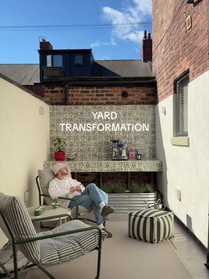 The back yard might only be 6ft wide, but we’re still going to do something amazing. The aim - a space we can enjoy all day for coffee and drinks. Goal achieved I think? One of the first things I knew I needed to do, swap out those plain tiles for something a little more me, cue Pour by Henry Holland Studio 🤩  #dopaminedecor #yardtransformation #gardendesign #interiordesign #newhome 