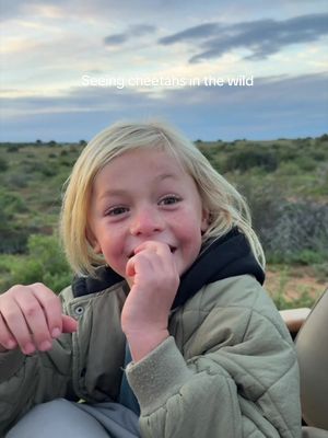 We even saw newborn cheetah cubs 😭🐆 9 in total!!! Thank you @Stanley Safaris and Kwandwe Game reserve for making his dream come true!!! 🥹🫶🏻🐆 We had been on the hunt for cheetahs all day and were ready to head back to the lodge. Knox kissed his lucky pants and said, “I’d walk all night in my trunks barefoot to see a cheetah” haha. We didn’t give up the search and found a mom and her newborn cubs right before sunset. Knox has been obsessed with cheetahs for years now. He’s been a cheetah for Halloween 3 years in a row, wears cheetah PJs every night, sleeps with a cheetah stuffy, has a cheetah-print boogie board, and knows more cheetah facts than any 7-year-old I know. To put it in his words, “This is gonna be huge.” And it was.