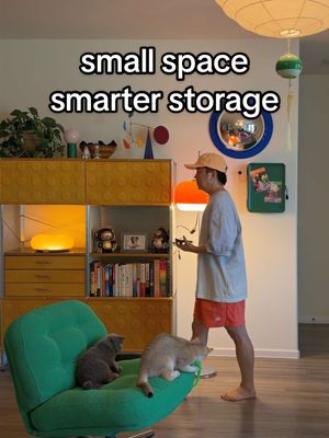 empty walls to me = free real estate 🙃 instead of adding more furniture, i added two small cabinets that keep everyday clutter out of sight while still being easy to reach. simple, practical, and aesthetically pleasing. 🙃 #midcenturydecor #homedecor #ikeafinds #ikeacabinets #ikea