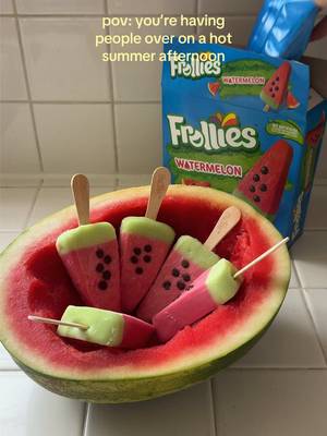 new fav party trick: hollow out a watermelon and serve watermelon frollies as a frozen treat 🍉 made with real fruit juices/purees! #watermelon #watermelonhack #hosting #summertreat #summerday 