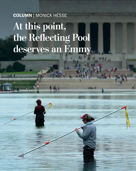 The best show on TV right now is Reflecting Pool, The Post’s Monica Hesse writes. Here’s a recap of what’s happened so far this season: In April, Trump announced plans to refurbish the National Mall’s historic Reflecting Pool in time for the country’s 250th anniversary, saying that under the watch of previous presidents it had become “filthy.” He awarded a no-bid contract to a company that had worked on his own swimming pools and spent several weeks bragging that the finished product would last for decades: “If you had a knife, you can’t even cut it.” Days after the renovations were completed, the pool began blooming with algae in mid-June. Interior Department workers commenced dumping gallons of hydrogen peroxide into the water. The following week, chunks of the Reflecting Pool’s new sealant started peeling off and floating to the surface. Ducks were found dead in and around the pool. Trump began blaming vandals, saying the pool had been cut with “a knife of some kind.” Read more from The Washington Post at the link in our bio. #reflectionpool #washingtondc #dc #trump #opinion