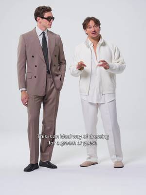 Groom or guest? According to our Style Director Marc, it's all about the right styling. He first opts for a taupe double-breasted suit with a striped shirt and black tie. For grooms, an off-white wool-silk-linen suit keeps things light, while a tank top and loafers offer a more relaxed take on wedding dressing. Discover the looks in-store & online.
