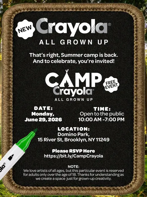 Pack your bags for camp, grown-ups! ⛺️☀️ Camp Crayola is coming to Domino Park, and your cabins of color and creativity are almost ready. This Monday you can explore our #AdultColoring cabins, try Crayola’s new All Grown Up alcohol & acrylic markers, join live artist tutorials, and unwind in spaces designed just for YOU! No kids. No pressure. Just pure creative freedom. If you’re 18+ and in the city, come join us at Camp Crayola!