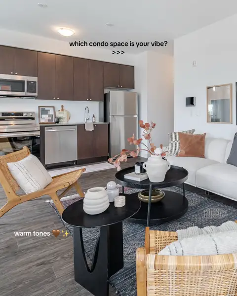 two condo spaces, two totally different vibes: warm tones with brown cabinetry and rattan seating vs. a contemporary black & white aesthetic. What’s your vibe??  #condoliving #interiordesignideas #homeinspo #dreamhomes #condolife  Beautiful interiors, condo decorating, interior design, condo living spaces, maximizing condo space, home decor ideas