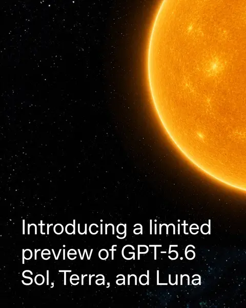 Introducing a limited preview of GPT-5.6 Sol, our next generation frontier model, as well as GPT-5.6 Terra, a balanced model for efficient, everyday work, and GPT-5.6 Luna, a fast and affordable model for high-volume work. We believe in broad access and plan to make GPT-5.6 Sol, Terra, and Luna generally available in the coming weeks. For now, at the request of the U.S. government, we’re starting with a limited preview among a small group of trusted partners in Codex and the API. Sol is our new flagship and a step function better than GPT-5.5. Terra delivers performance competitive to GPT-5.5 at 2x lower cost. Luna is our most cost-efficient model, delivering strong capability at our lowest cost. Together, the GPT-5.6 family gives people and developers more choice in how they balance intelligence, speed, and cost. GPT‑5.6 Sol sets a new state of the art on Terminal‑Bench 2.1, which tests complex command-line workflows requiring planning, iteration, and tool coordination. GPT-5.6 Sol is our most capable model yet for cybersecurity. It shifts the performance-efficiency frontier for long-horizon security tasks including vulnerability research and exploitation.