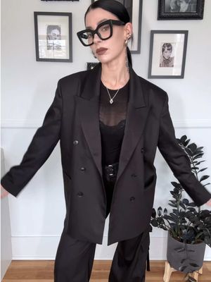 Don’t wear that outfit again. Wear a dress or skirt or something. And heels. Corp Goth Masc suiting is my fave work fit @Marcella NYC fit linked in ShopMy in bio #americanpyscho #corperategoth #marcellanyc #officeoutfits 
