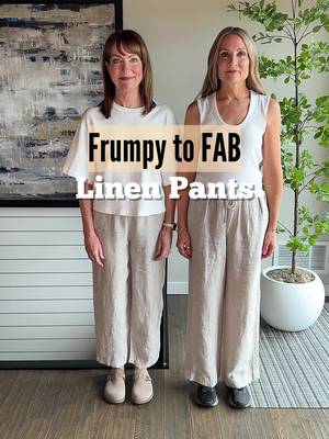 Link to shop in comments & bio! Linen pants are trending, but how do you take them from frumpy to fab?? It’s all about the styling!  Add stylish accessories, a sleeker shoe and tuck your top to create more of a waistline. These little tweaks make all the difference! We’re both 5’6” and wear small in tops & pants.  #over50women #styletips #widelegpants #styleinspo #outfits 